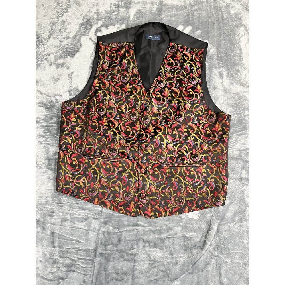 Debenhams Mens Large Black Satin Vest With Colorful Floral Brocade Pattern